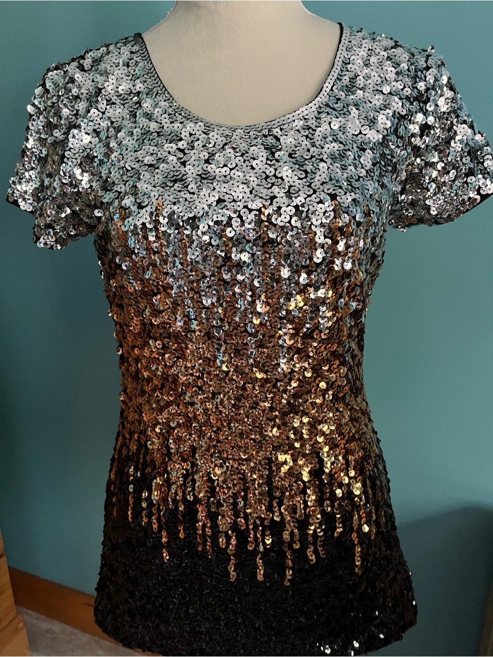 Women's Sequin Ombre Short-Sleeve Tee - Silver, Bronze & Black Size S NWT
